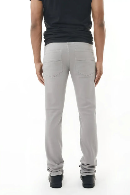 Light gray stretch twill pant in slim fit with a clean modern cut and subtle stitching details