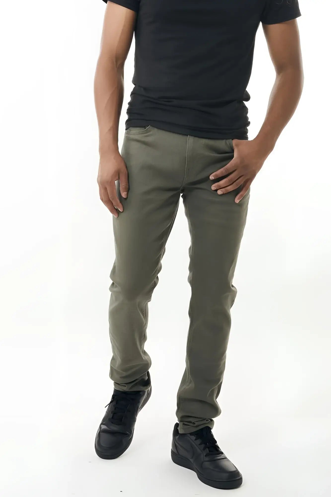 Olive green slim-fit stretch twill pant made from stretch fabric for comfortable everyday wear