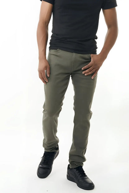 Olive green slim-fit stretch twill pant made from stretch fabric for comfortable everyday wear