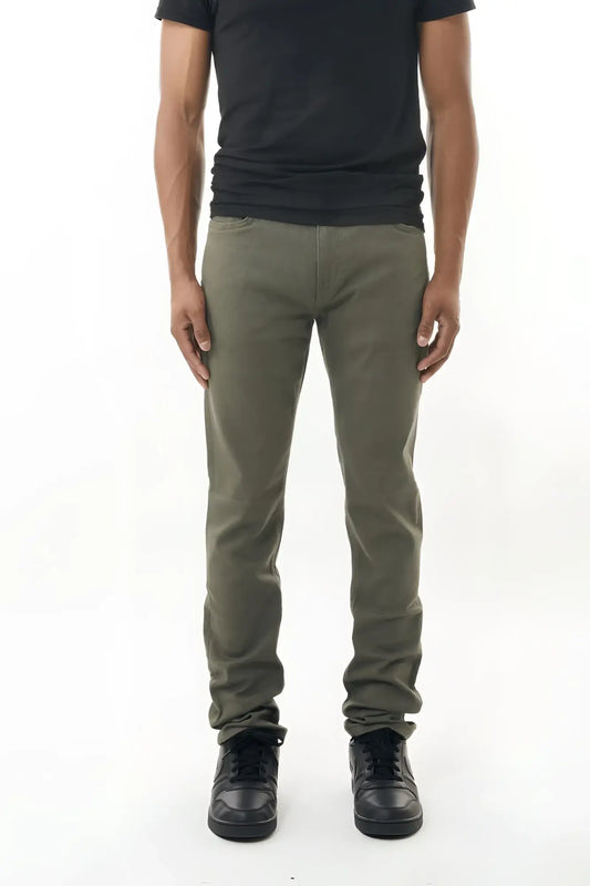 Olive green stretch twill pant made of durable cotton with slim fit and classic five-pocket design