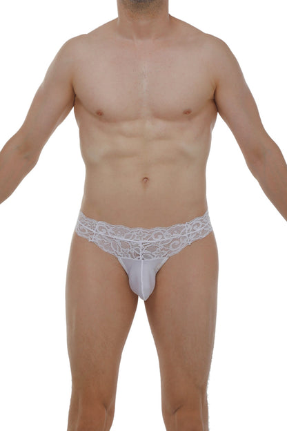 White lace-trimmed men’s thong plessis lace white with sheer form-fitting design shown from the back side