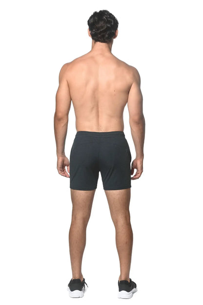Black stripe stretch performance shorts with subtle textured pattern designed for athletic use
