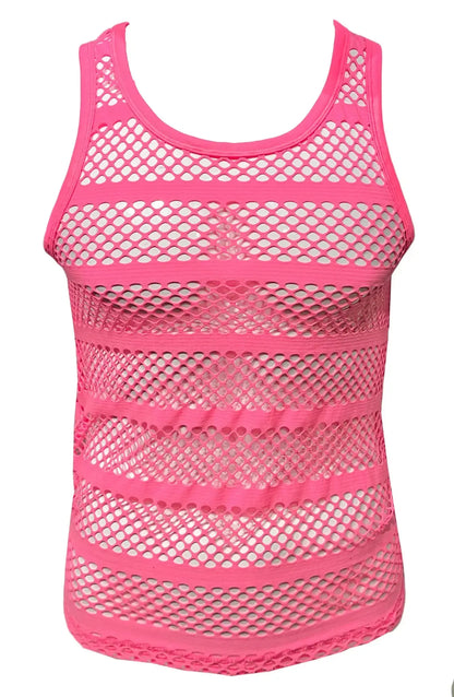 A vibrant pink striped fishnet tank top with horizontal solid fabric bands made of mesh material