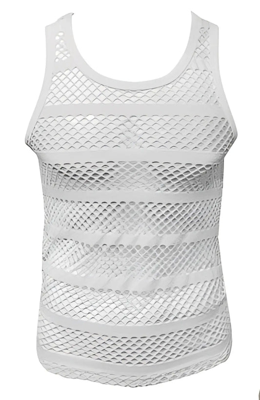 White striped fishnet tank top with horizontal ribbed mesh bands ideal for layering or casual wear