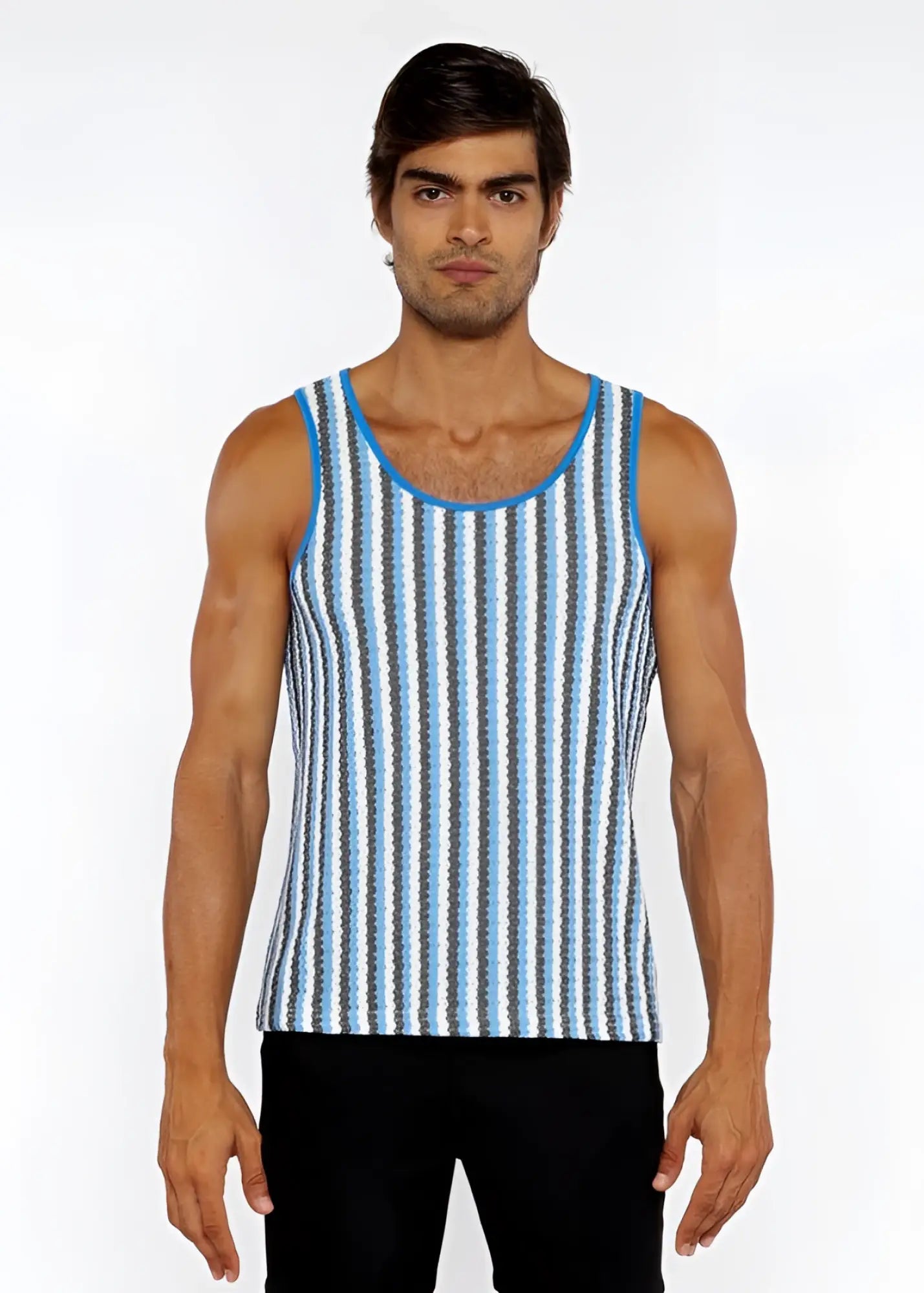 Blue and white striped open knit tank top with ribbed neckline made of lightweight knit fabric for casual wear