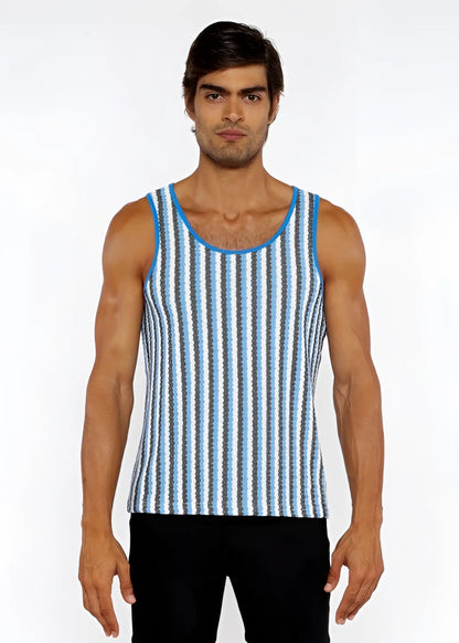 Blue and white striped open knit tank top with ribbed neckline made of lightweight knit fabric for casual wear