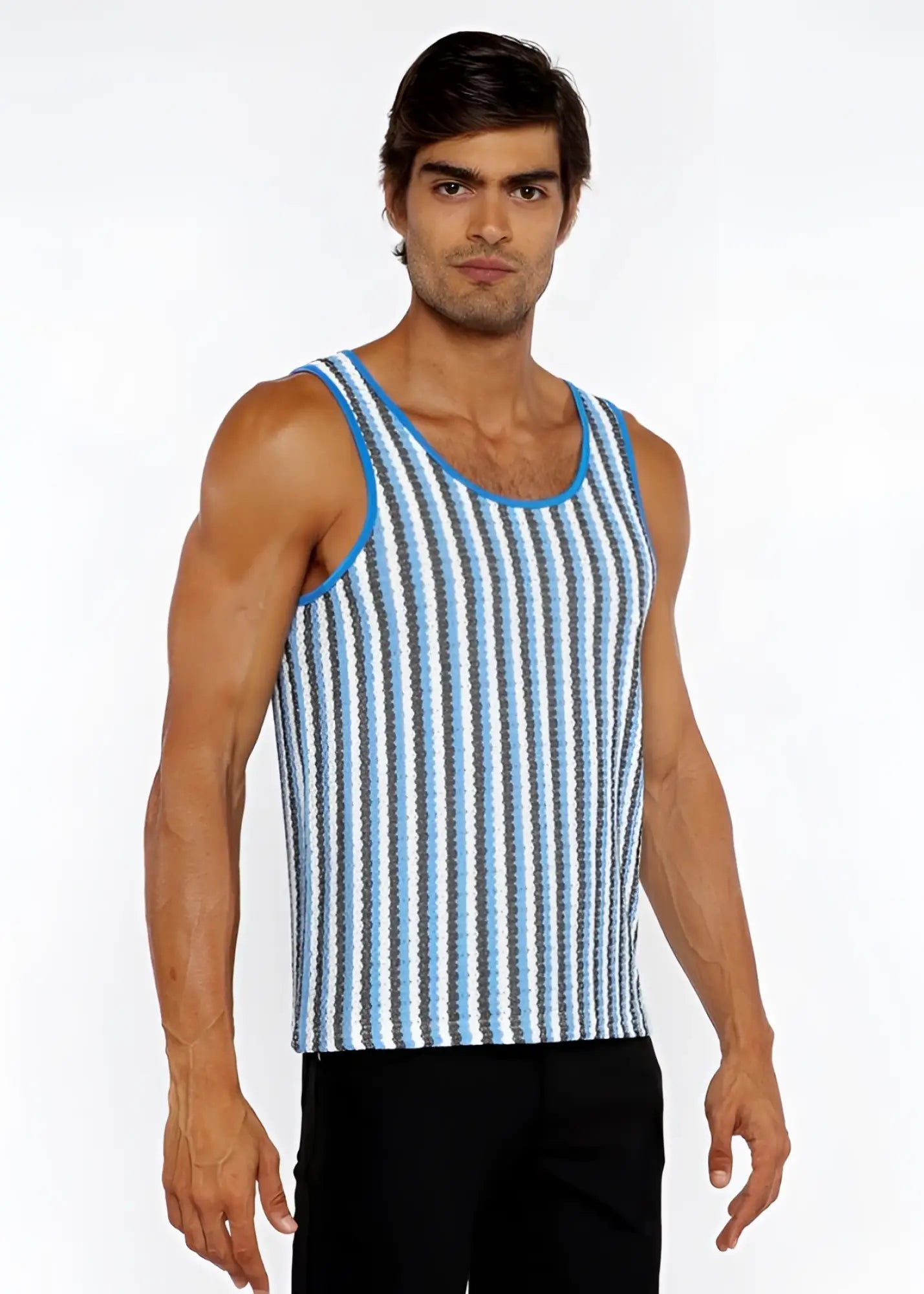 Blue and white striped knit tank top with ribbed neckline knit from lightweight breathable fabric