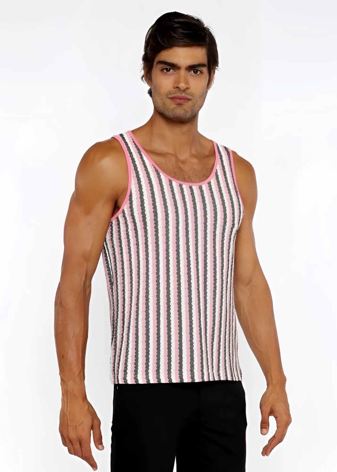 A man wearing a pink and gray striped open knit tank top with a rounded neckline in stripes open knit tank