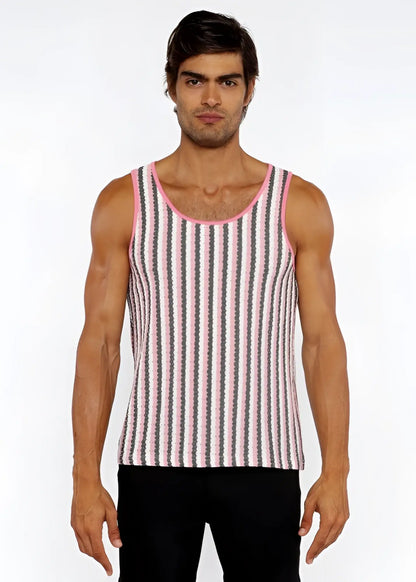 A man wearing a pink and gray striped open knit tank with pink trim around the neckline