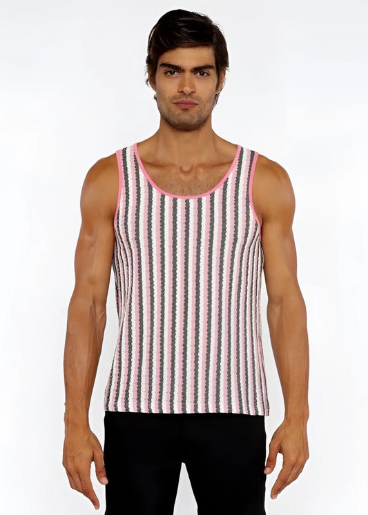 A man wearing a pink and gray striped open knit tank with pink trim around the neckline