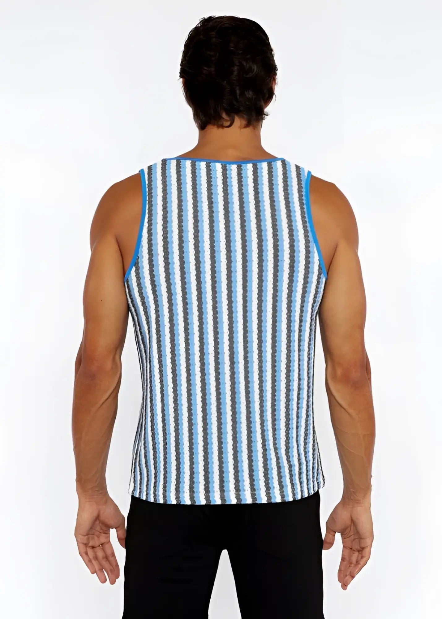A men’s stripes open knit tank top with vertical light blue dark gray and white stripes and bright blue trim