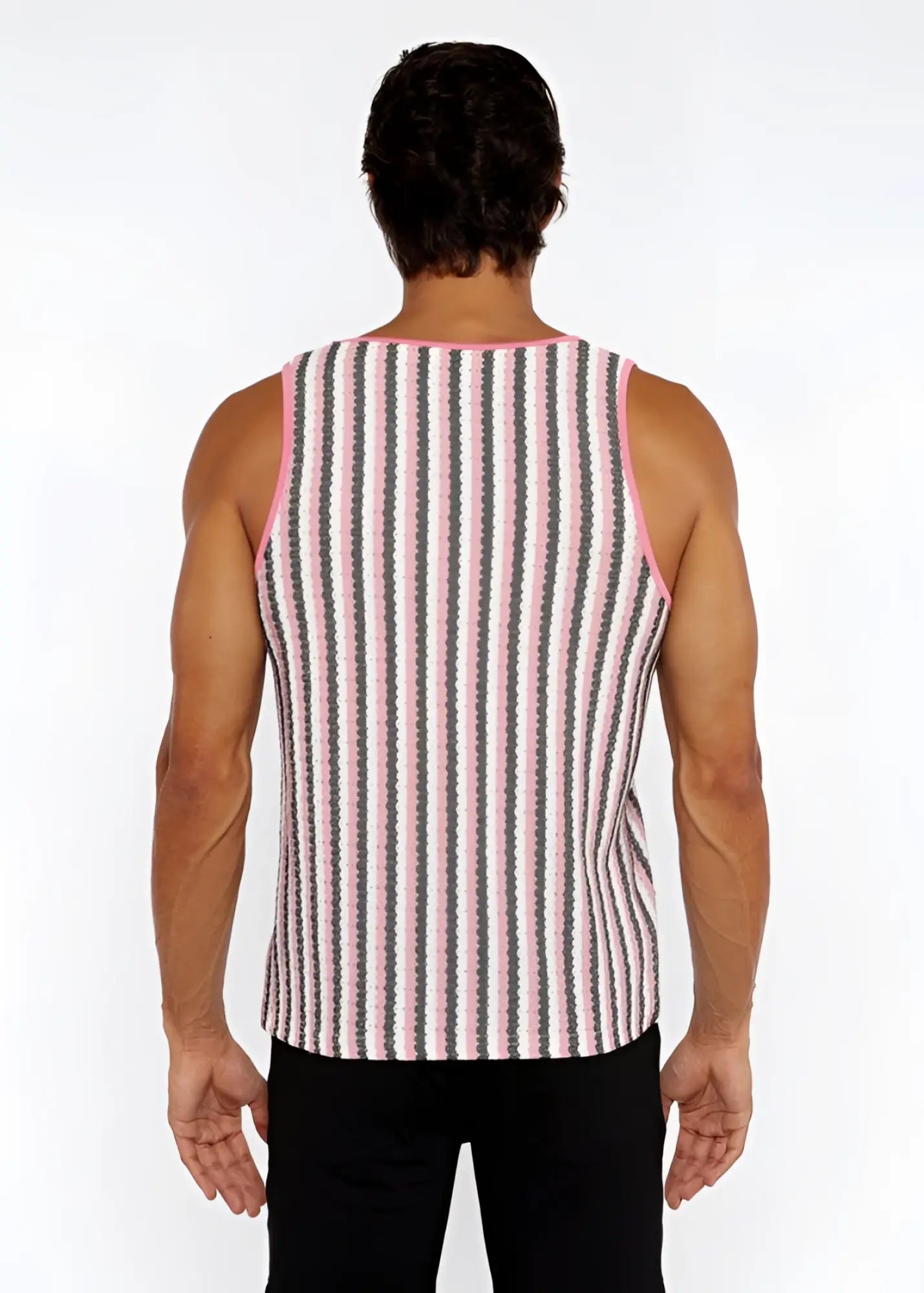 Pink and gray striped ribbed knit tank top featuring an open knit design from stripes open knit tank collection