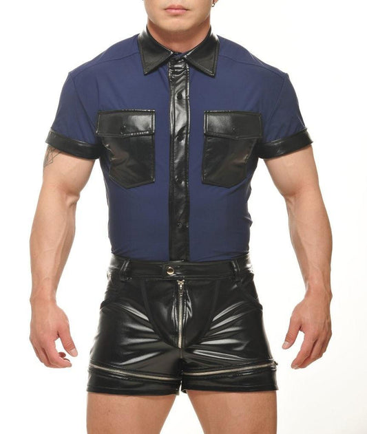 Blue short-sleeve shirt with black faux-leather collar, placket, chest pockets, and cuffs, paired with black faux-leather shorts.