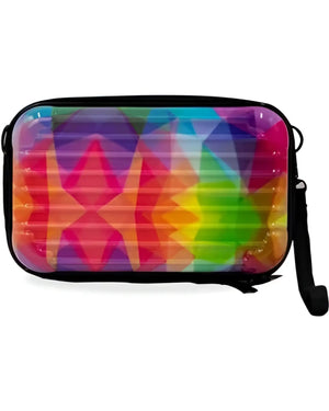 Suitcase hanbag vibrant translucent cosmetic case with geometric rainbow pattern black zipper and strap