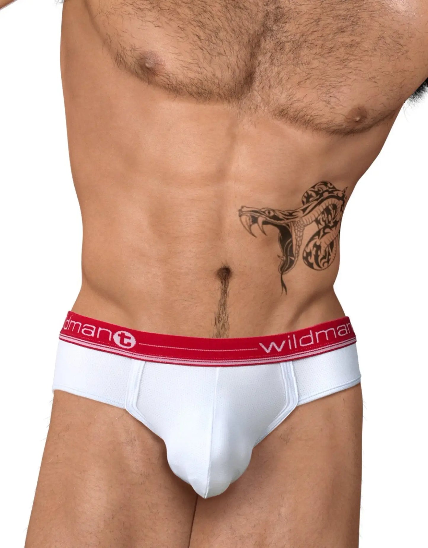 White men’s summer big boy pouch briefs with a red waistband featuring wildman brand name and logo