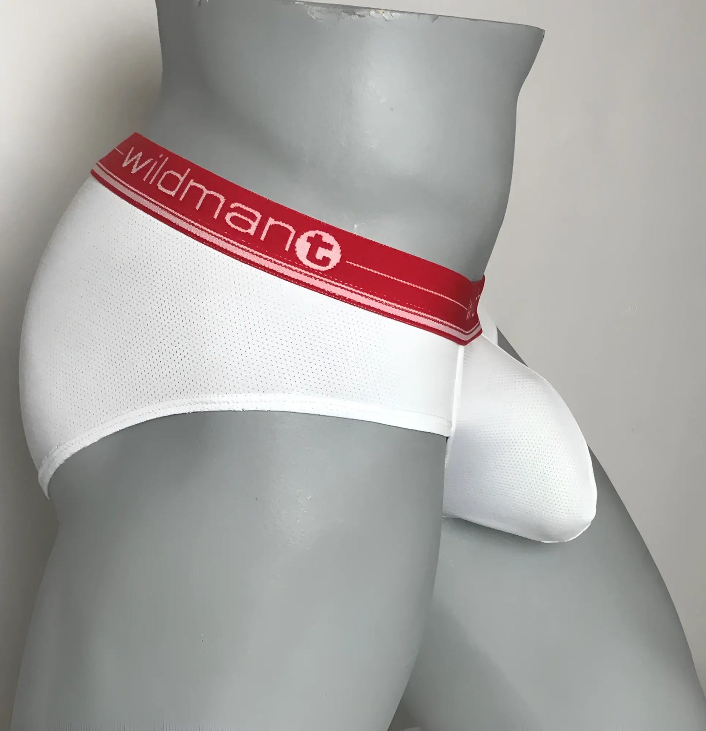 White wildman summer big boy pouch briefs in white with a red waistband and brand logo for comfortable support