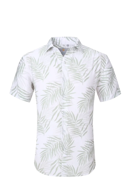 White short-sleeved button-up summer rain s s shirt with light green palm leaf pattern perfect for warm weather