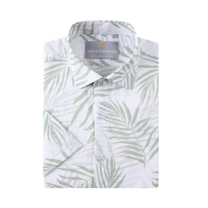 White summer rain s s shirt with subtle green palm leaf pattern short sleeves crisp collar and matching buttons