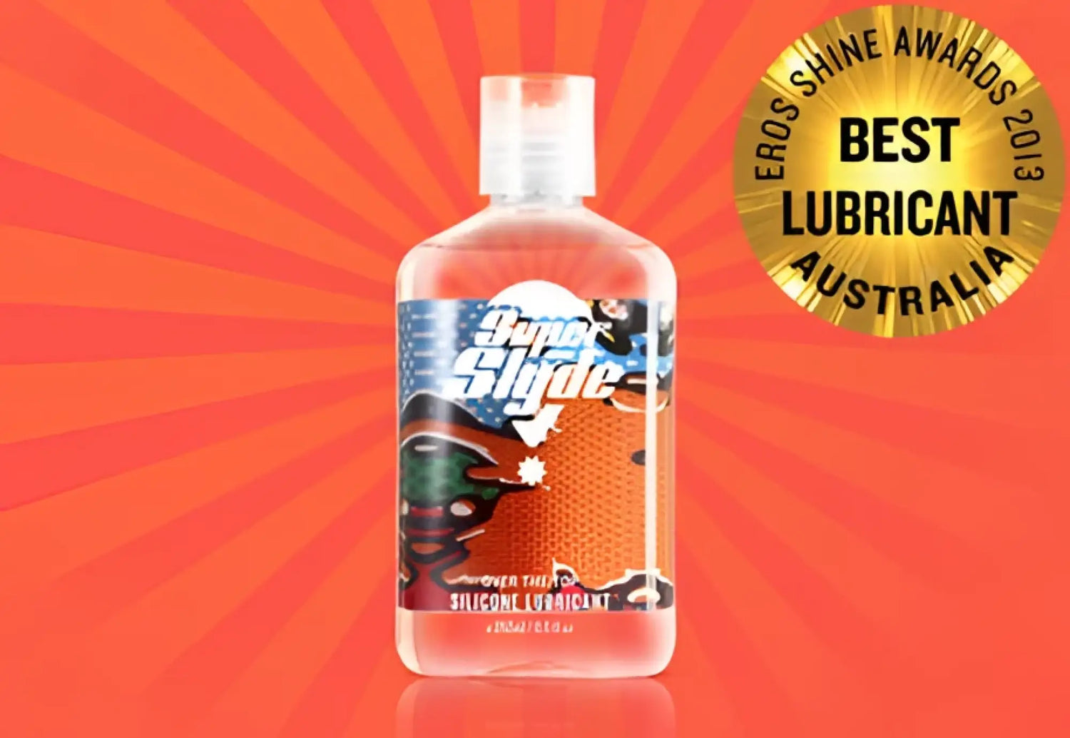 Clear plastic bottle of superslyde silicone lubricant with a white cap and colorful label featuring cartoon characters