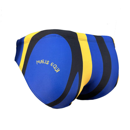 Men's swim briefs in blue and yellow with black accents featuring Maris Equi logo made from stretchy swim fabric.