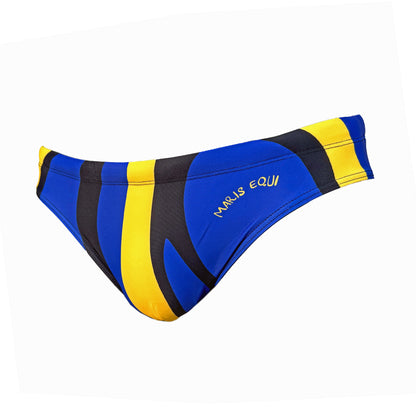 Men's swim briefs in blue and yellow with black accents featuring a sleek design by Maris Equi.