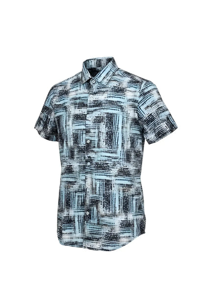 Men’s short-sleeved button-up suslo crinkled fabric shirt with modern black white and light blue abstract pattern