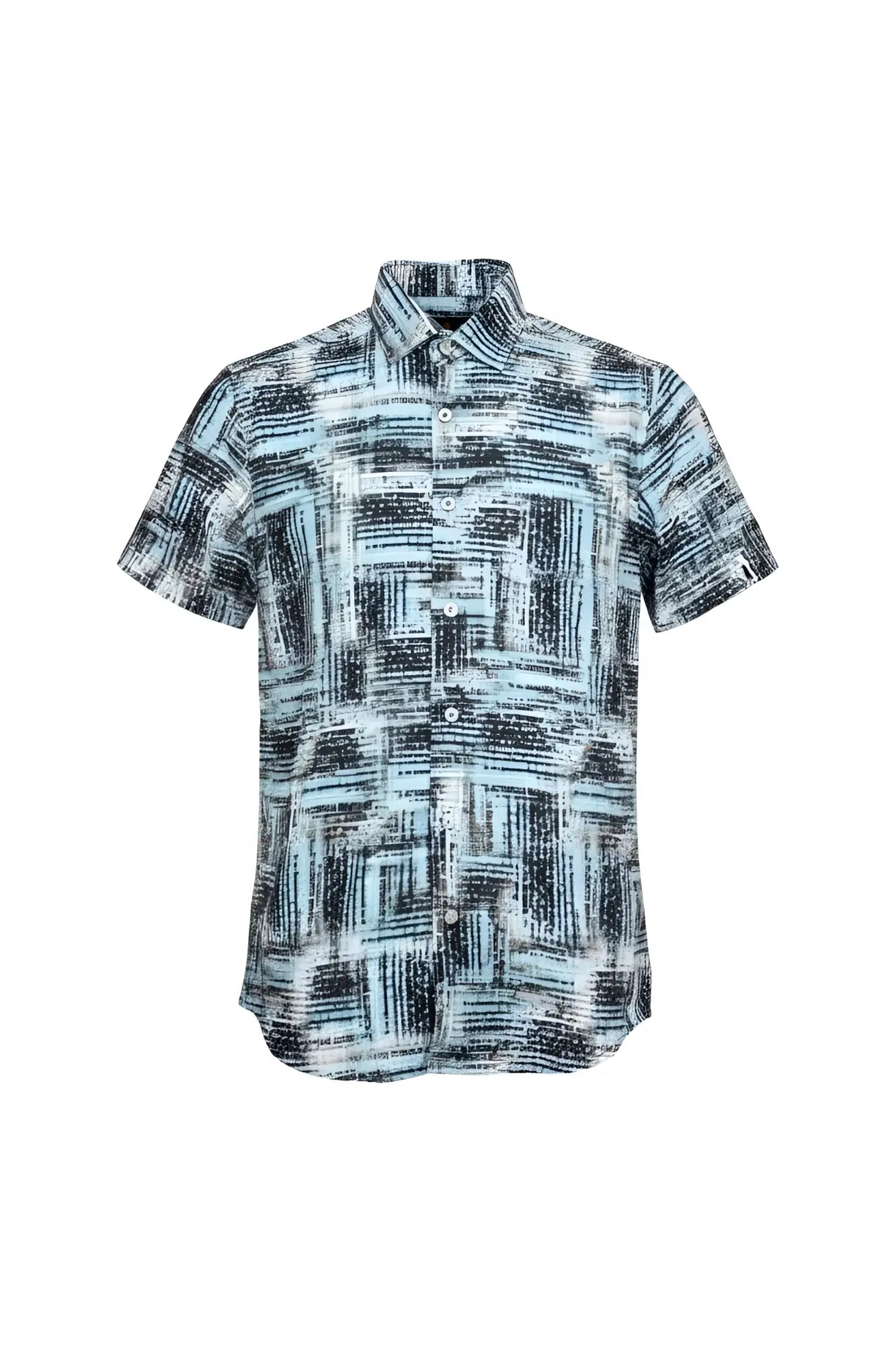 Suslo crinkled fabric s s shirt with modern teal and black abstract geometric pattern and classic collar in lightweight fabric