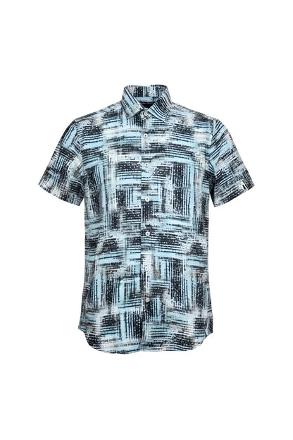 Suslo crinkled fabric s s shirt with modern teal and black abstract geometric pattern and classic collar in lightweight fabric