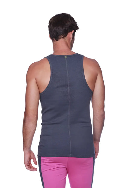 Dark gray heathered sustain tank with a central zipper on the back made from breathable fabric for activewear