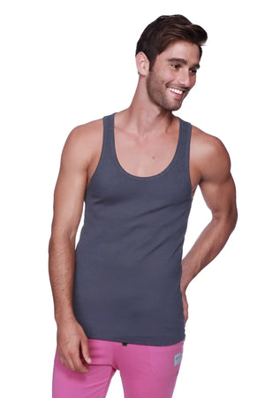 Dark gray heathered sustain tank charcoal with classic scoop neckline and straight hem made from soft breathable fabric