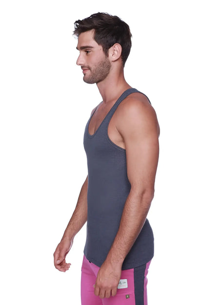 Dark gray textured cotton tank top with racerback design shown from the back in sustain tank charcoal style