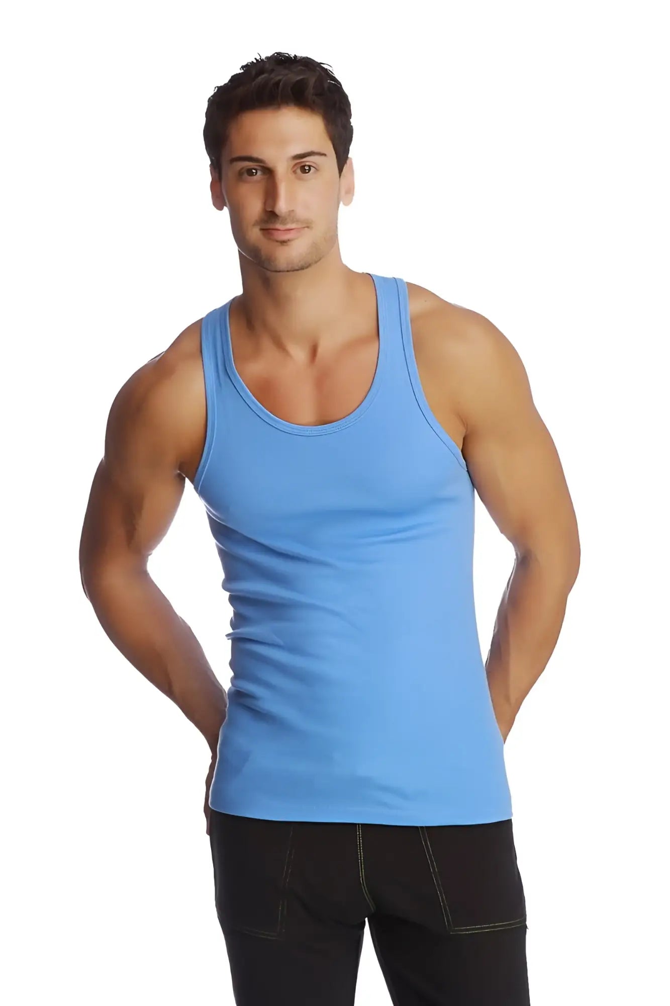 A light blue sleeveless sustain tank with a rounded neckline and simple design perfect for casual wear