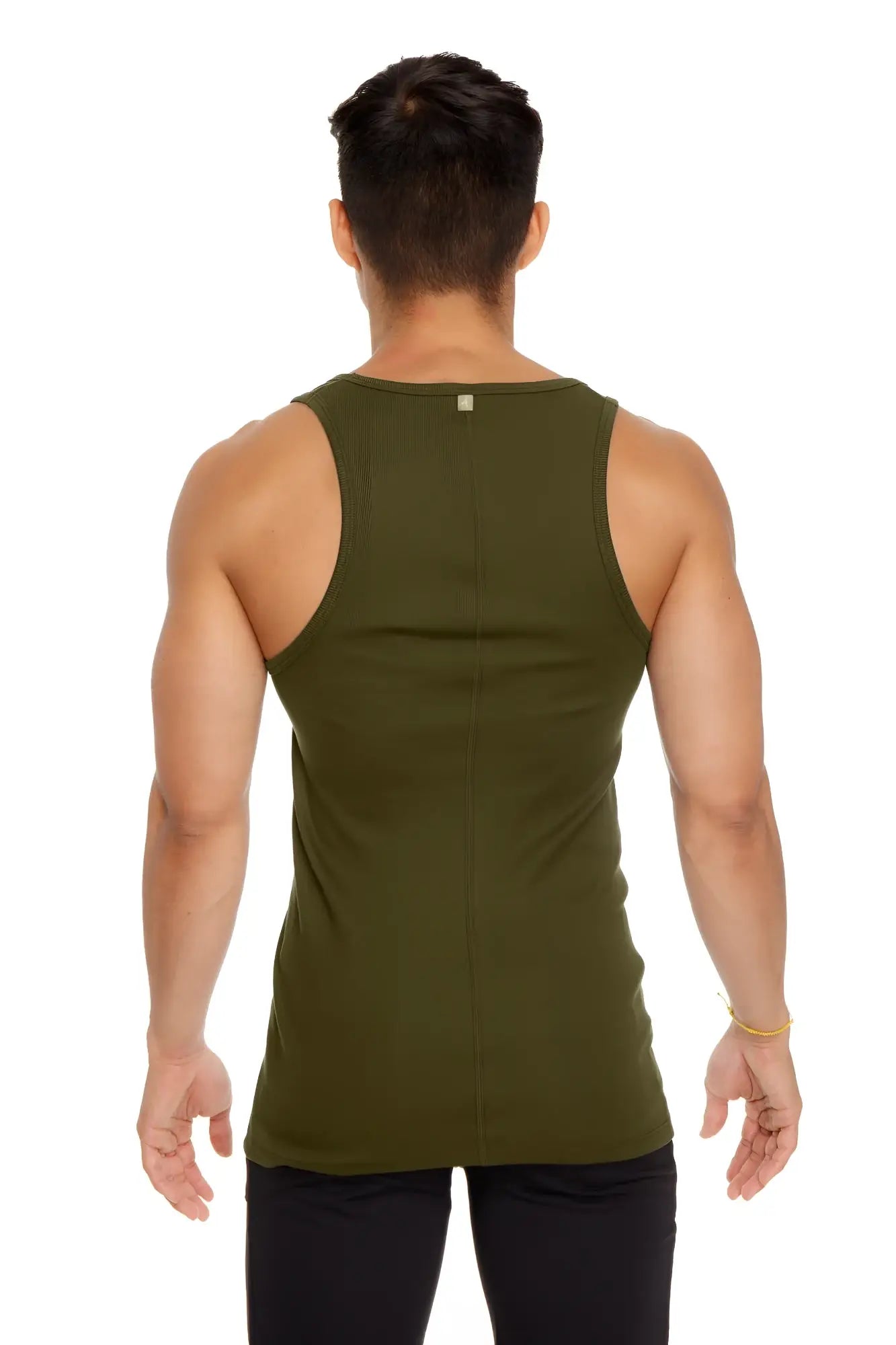 Olive green sleeveless sustain tank top in army green shown from the back with straight cut and subtle seam detail