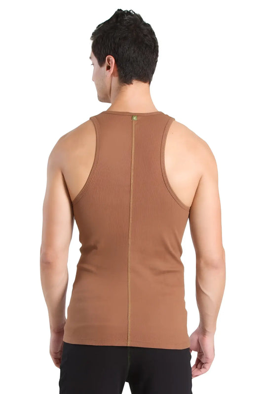 Back view of sustain tank top in chocolate brown ribbed cotton with a central zipper down the back