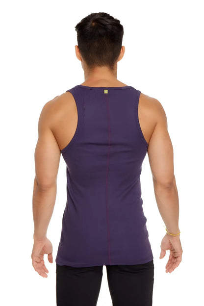 Purple sleeveless tank top with central seam and subtle stitching detail sustainable fabric for everyday wear