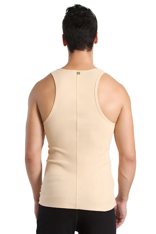 Beige stretchy men’s tank top showing back with central seam in sand beige sustain tank top design