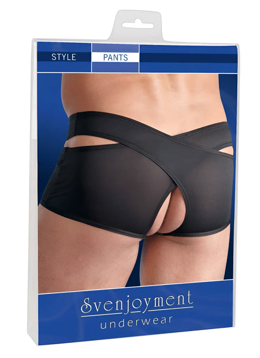 Svenjoyment black sheer mesh briefs with crisscross design and side cutouts, open crotch and back wrap boxer brief size L