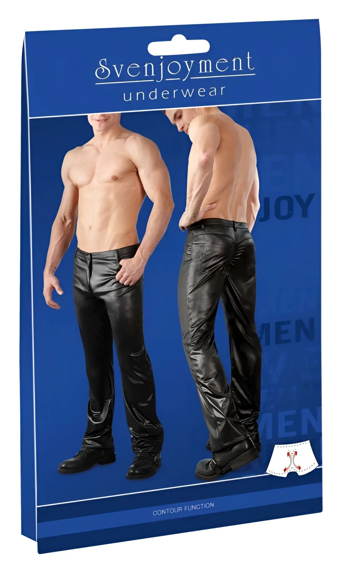 Black shiny faux leather men’s underwear pants with contour design showing back view by Svenjoyment size L
