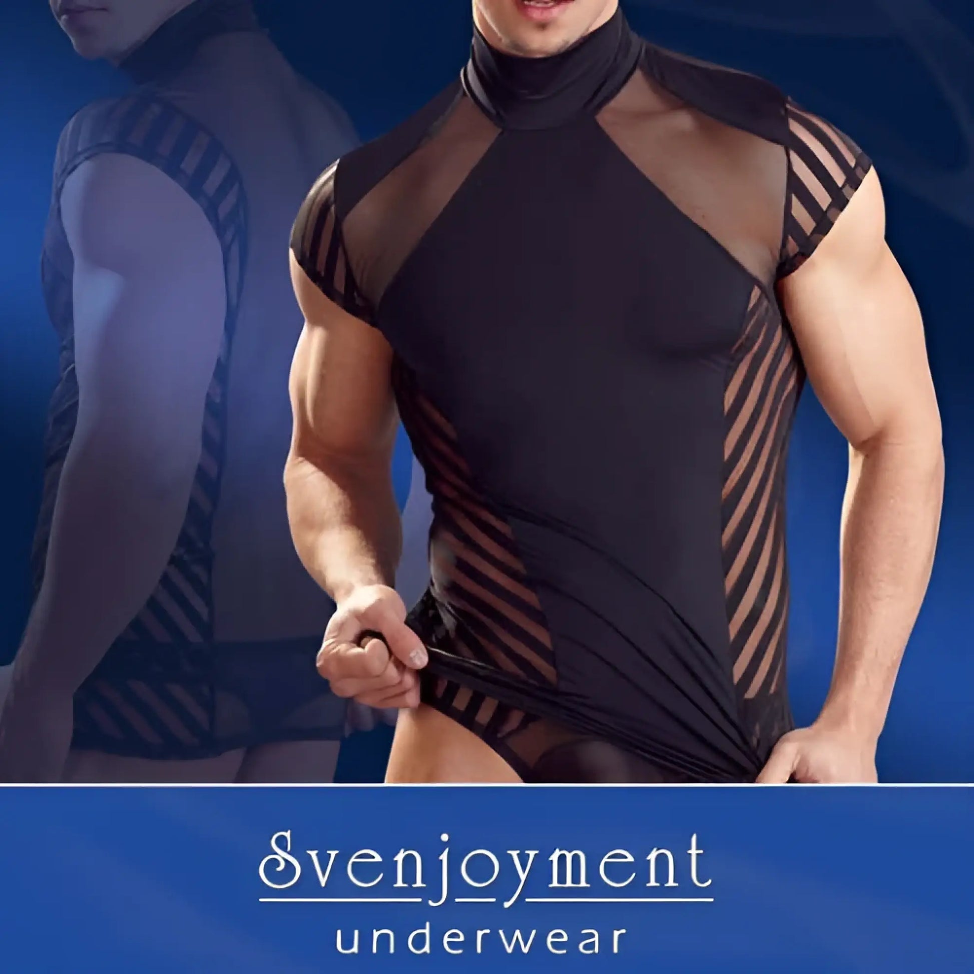 Black mesh and solid fabric men’s performance top with diagonal striped panels in Svenjoyment size L