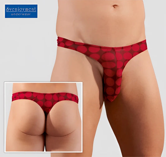 Red patterned sheer thong underwear with bold circular design by svenjoyment size m visible from front side