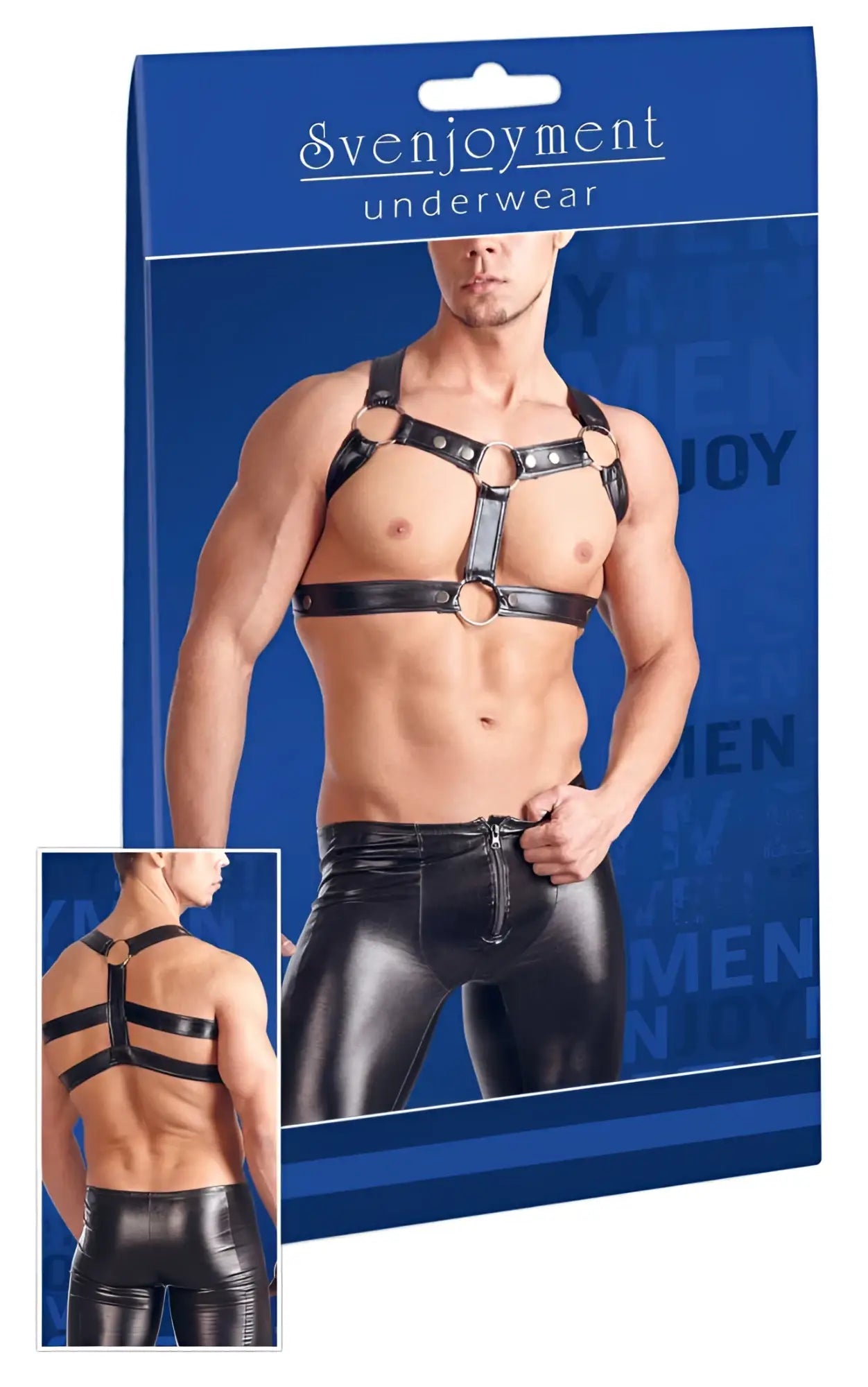 Black leather multi ring adjustable chest harness and matching pants set by svenjoyment in size l/xl