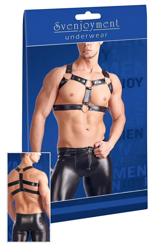 Black leather multi ring adjustable chest harness and matching pants set by svenjoyment in size l/xl