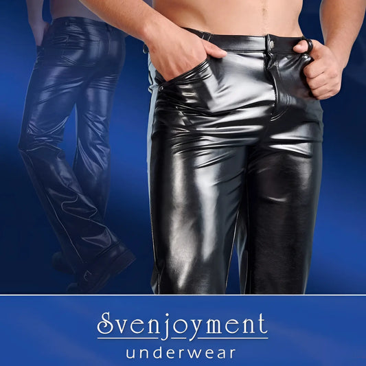 Shiny black patent leather Svenjoyment pocket and zipper pants with a sleek form-fitting design size M