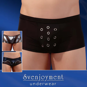 Black satin briefs with silver grommets down the front from Svenjoyment Random Surprise boxer brief size M
