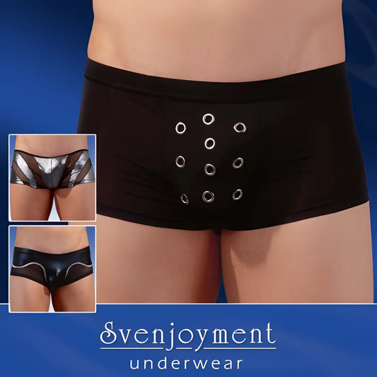 Black satin briefs with silver grommets down the front from Svenjoyment Random Surprise boxer brief size M