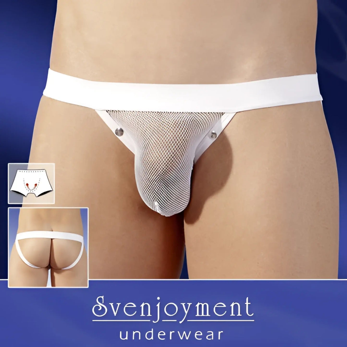 White mesh thong with solid white waistband and silver snap buttons svenjoyment rivets uplift net jock strap underwear size l