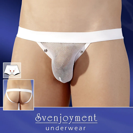White mesh thong with solid white waistband and silver snap buttons svenjoyment rivets uplift net jock strap underwear size l
