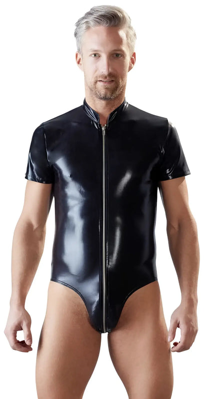 Black glossy latex bodysuit with short sleeves and full-length front zipper by Svenjoyment size XL