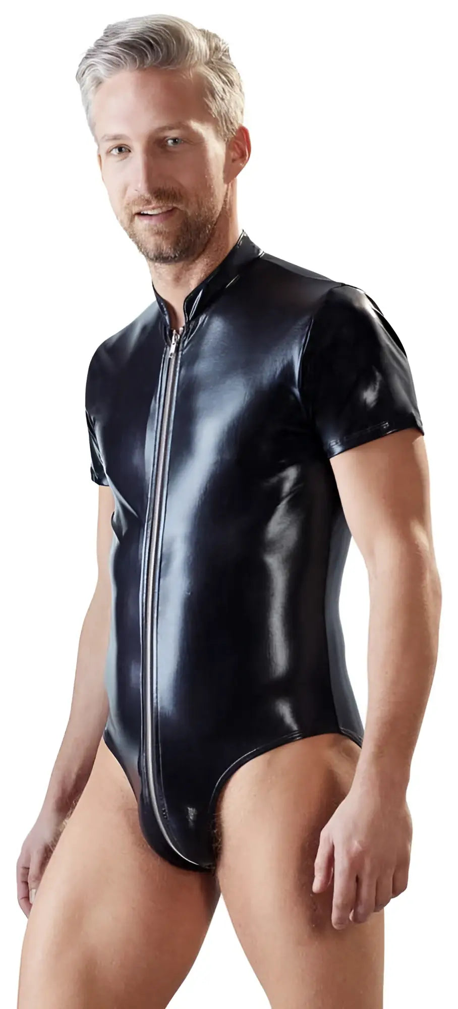 Black patent leather short sleeved bodysuit with front zipper by svenjoyment wetlook size xl