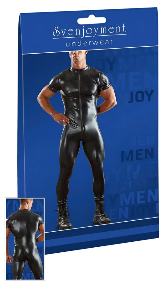 Black glossy latex mens bodysuit with short sleeves and front zipper by svenjoyment size xl